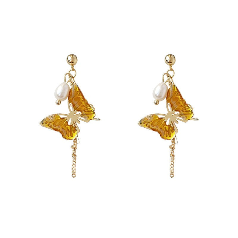 Handmade Amber Texture Butterfly Pierced Earrings