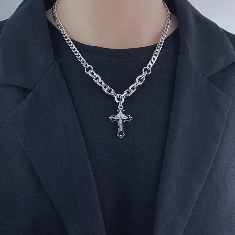 Titanium Steel Black & White Cross Pendant Necklace