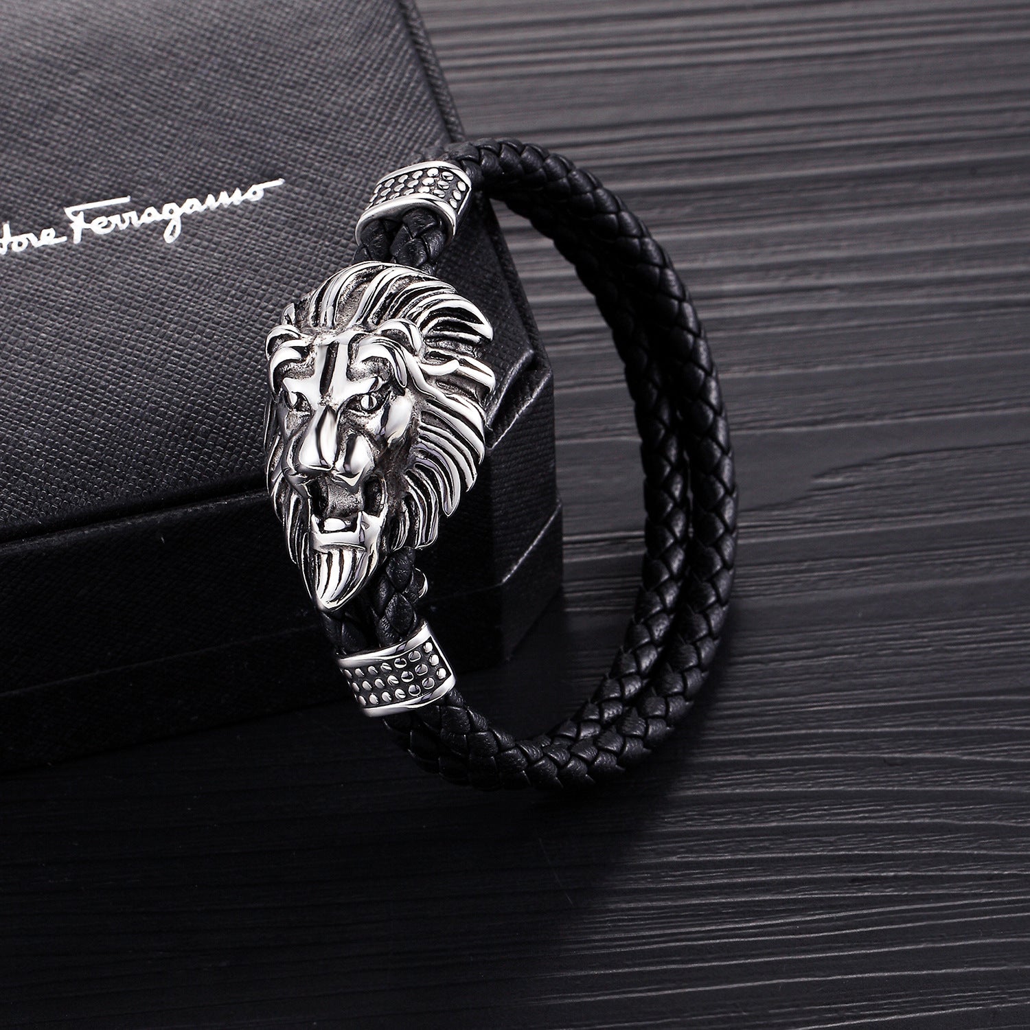 Stainless Steel Lion Head Genuine Leather Bangle Bracelet