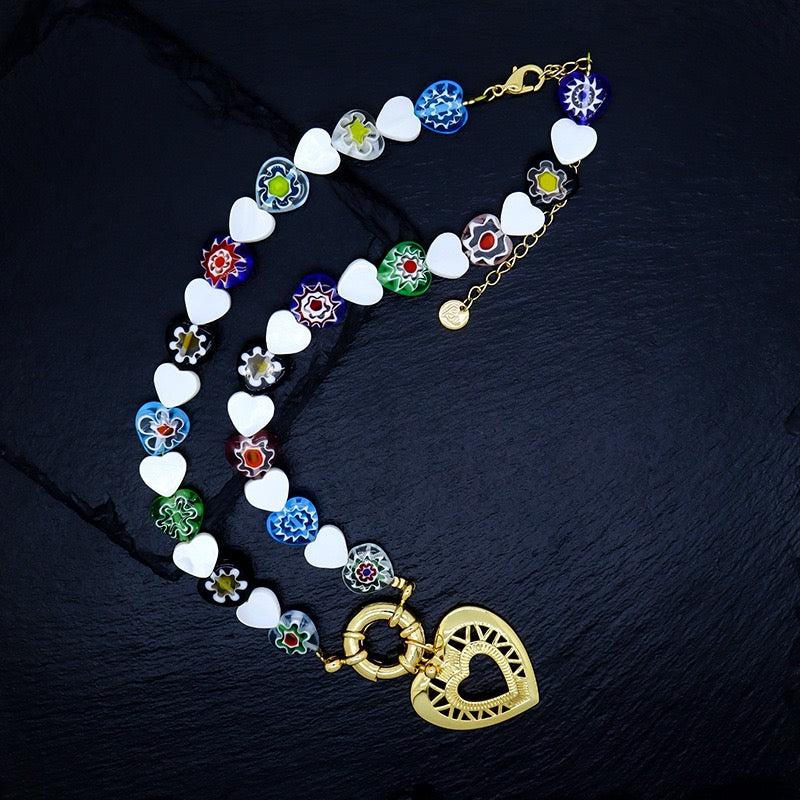 Real Gold Plated Heart Pearl Coloured Glaze Necklace