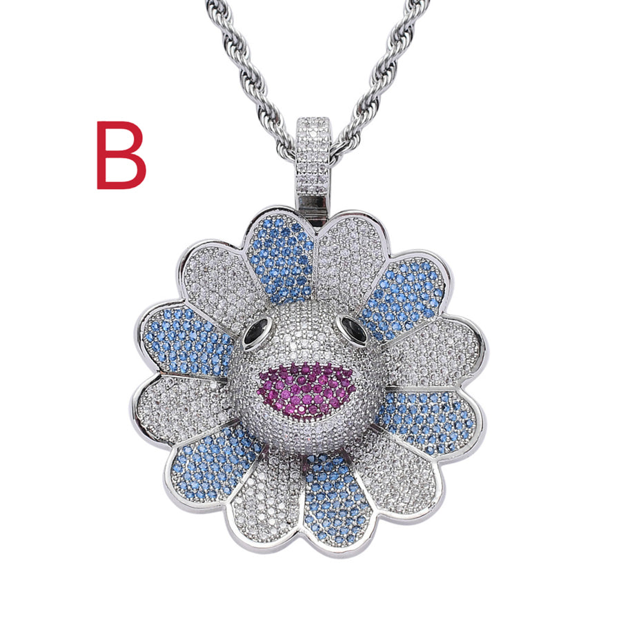 Zircon Inlaid Copper & Rotatable Colorful Sun Flower Pendant Necklace