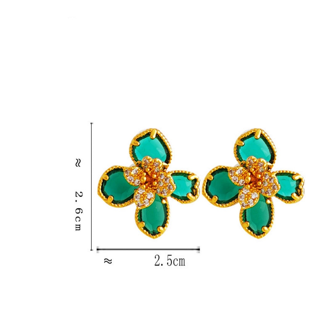 Vintage Real Gold Plated Green Flower New Pierced Earring