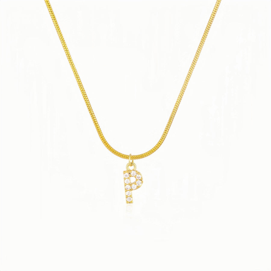 18K Gold Snake Herringbone Chain with A-Z Alphabet Letter Pendant Necklace