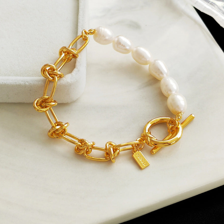 Vintage Gold Plated Copper OT Buckle Pearl Bracelet for Women