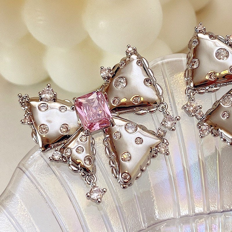 Pink Zircon Metal Bow Quality Stud Earrings