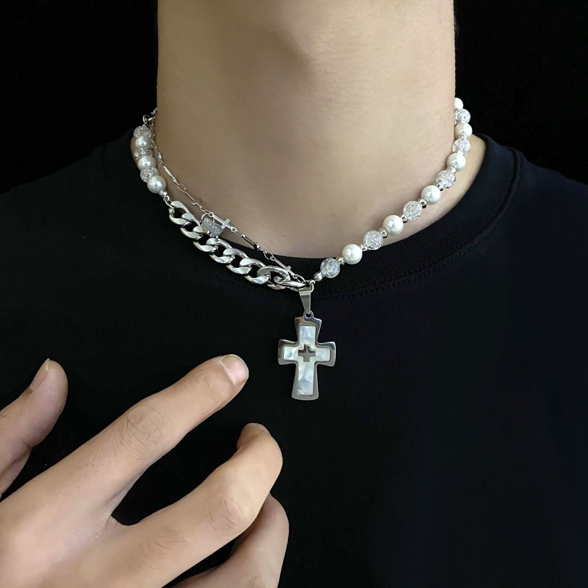 Titanium Steel Pearl Beaded Cross Pendant Necklace for Men