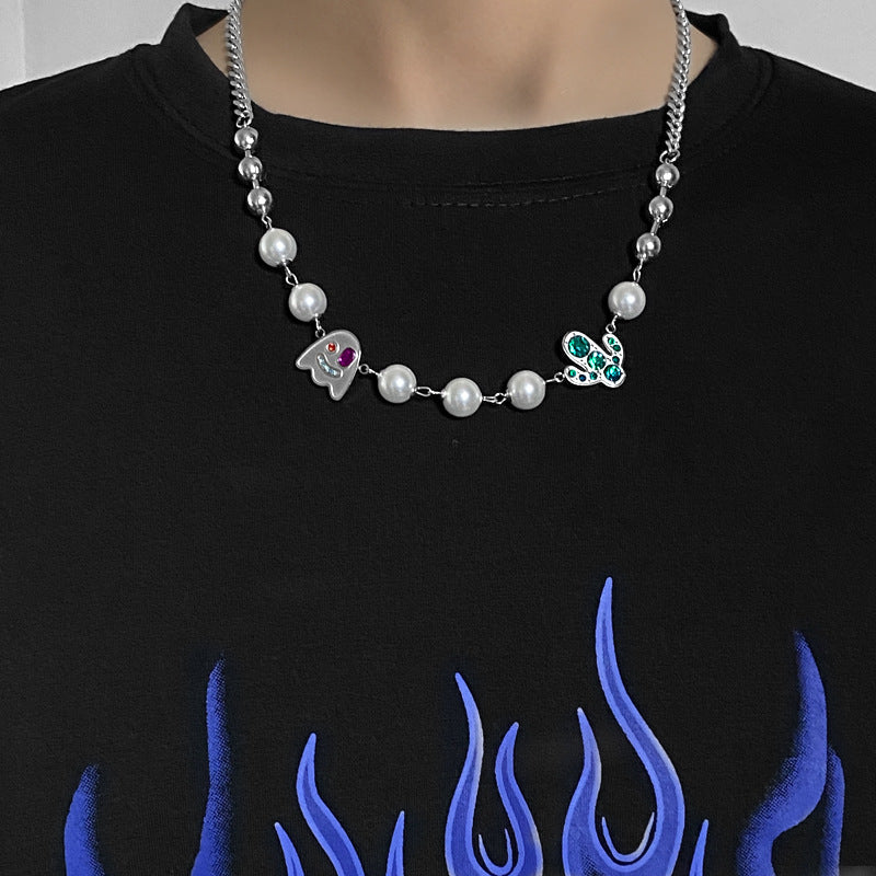 Titanium Steel Chain Ghost & Gem Inlaid Pearl Beaded Necklace for Men