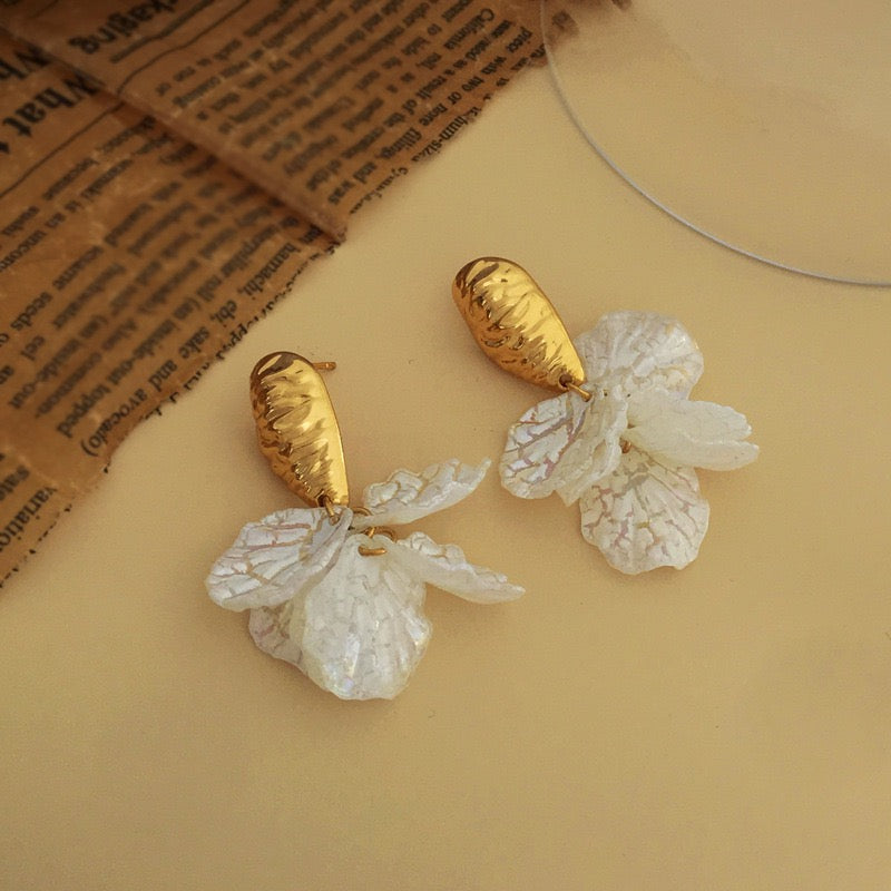 Copper Real Gold Plated White Petal Tassel Earring