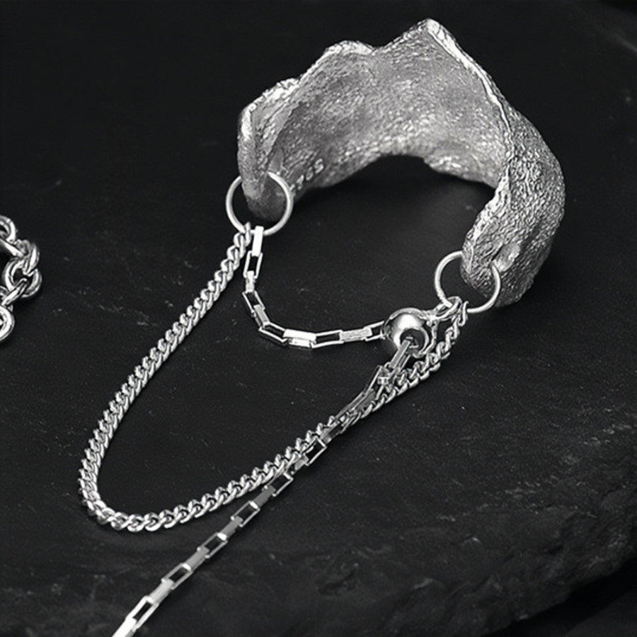 S925 Sterling Silver Texture Forefinger & Ring-Finger Chain Ring