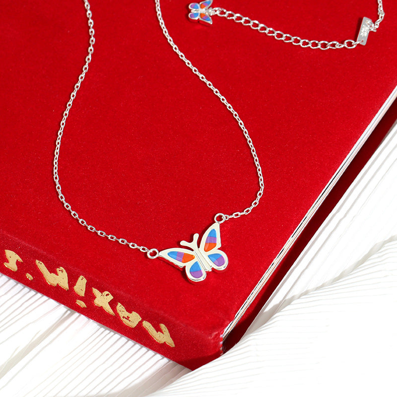 Silver Plated Colorful Butterfly Pendant Necklace