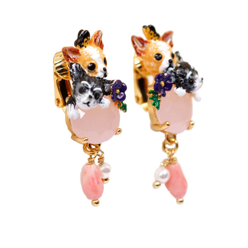 Handmade Chihuahua Enamel Pink Gem Earrings