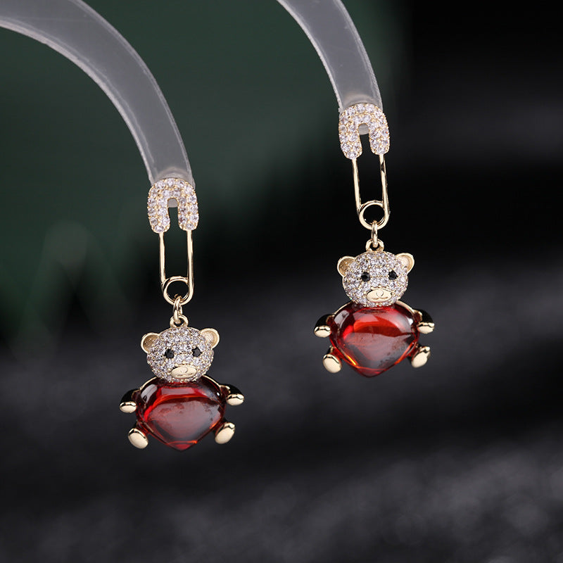 Real Gold Plated Cute Heart Zircon Inlaid Bear Earrings