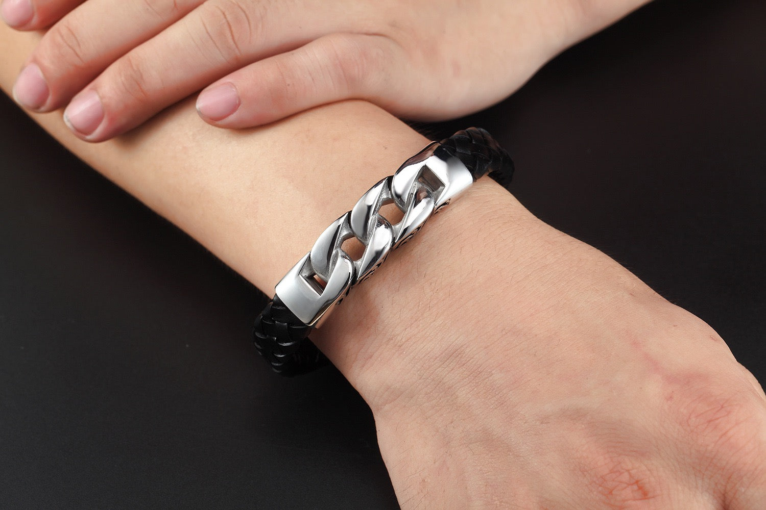 Vintage Stainless Steel Genuine Leather Bangle for Men's Bracelet