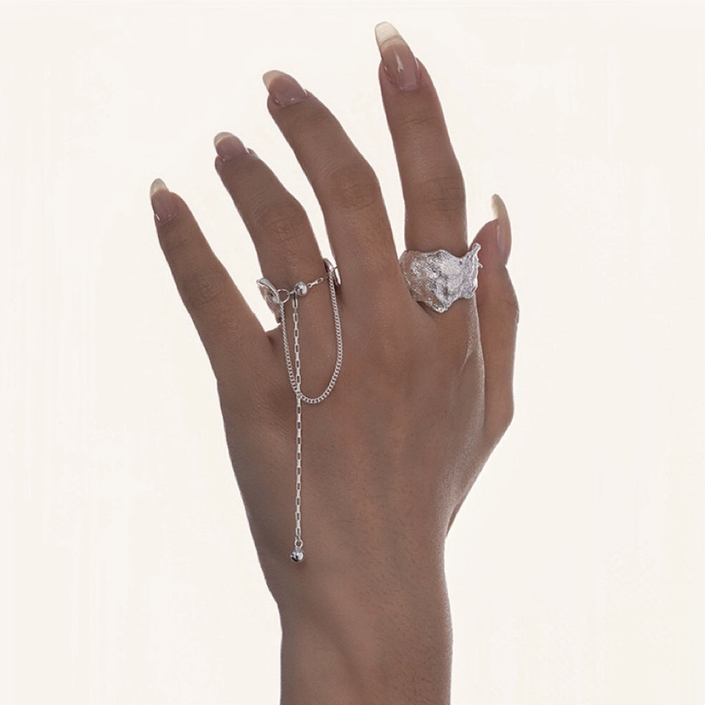 S925 Sterling Silver Texture Forefinger & Ring-Finger Chain Ring