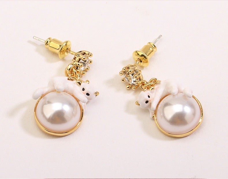 Cute Handmade White Cat Enamel Glaze Gold Plated Earrings