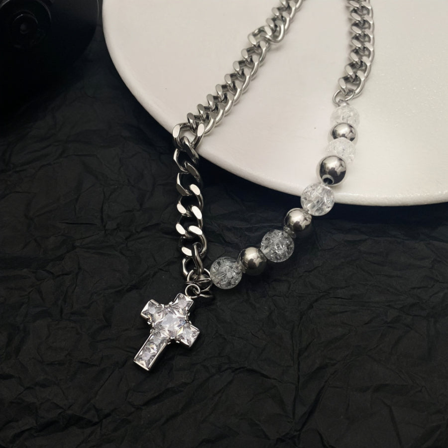 Titanium Steel Rhinestone Inlaid Cross Quban Chain Necklace for Men