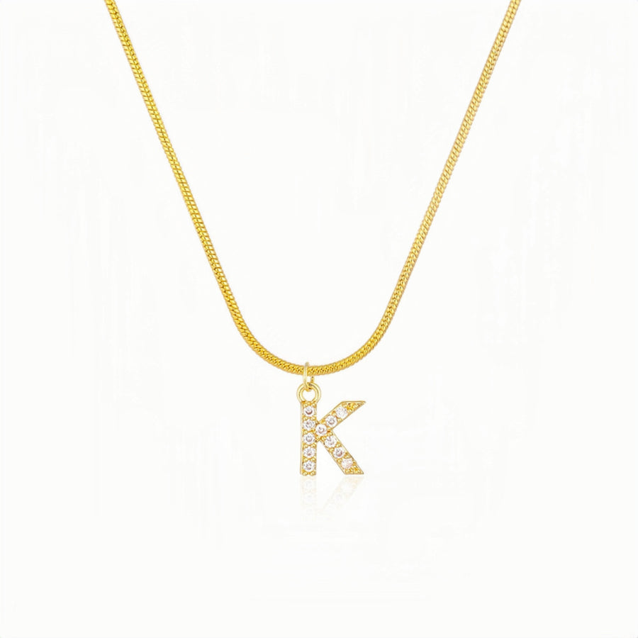 18K Gold Snake Herringbone Chain with A-Z Alphabet Letter Pendant Necklace