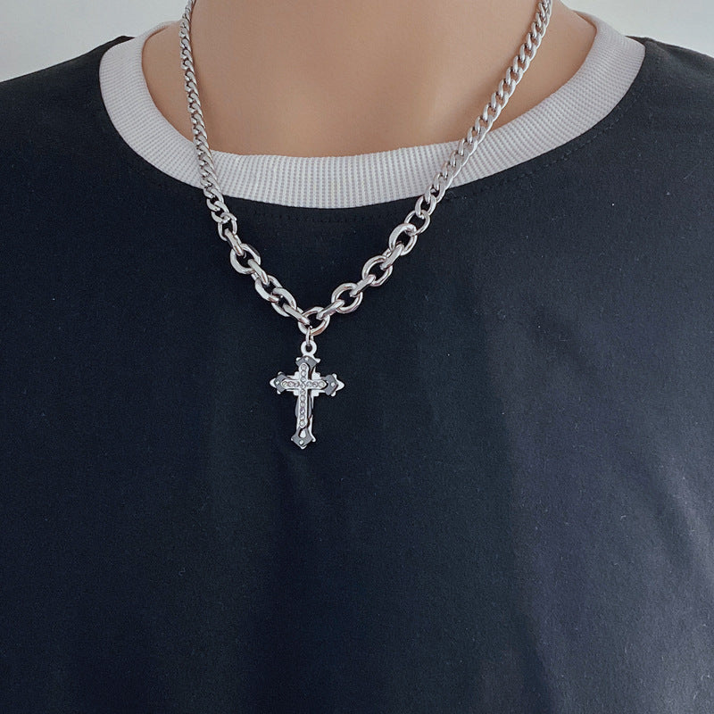 Titanium Steel Black & White Cross Pendant Necklace