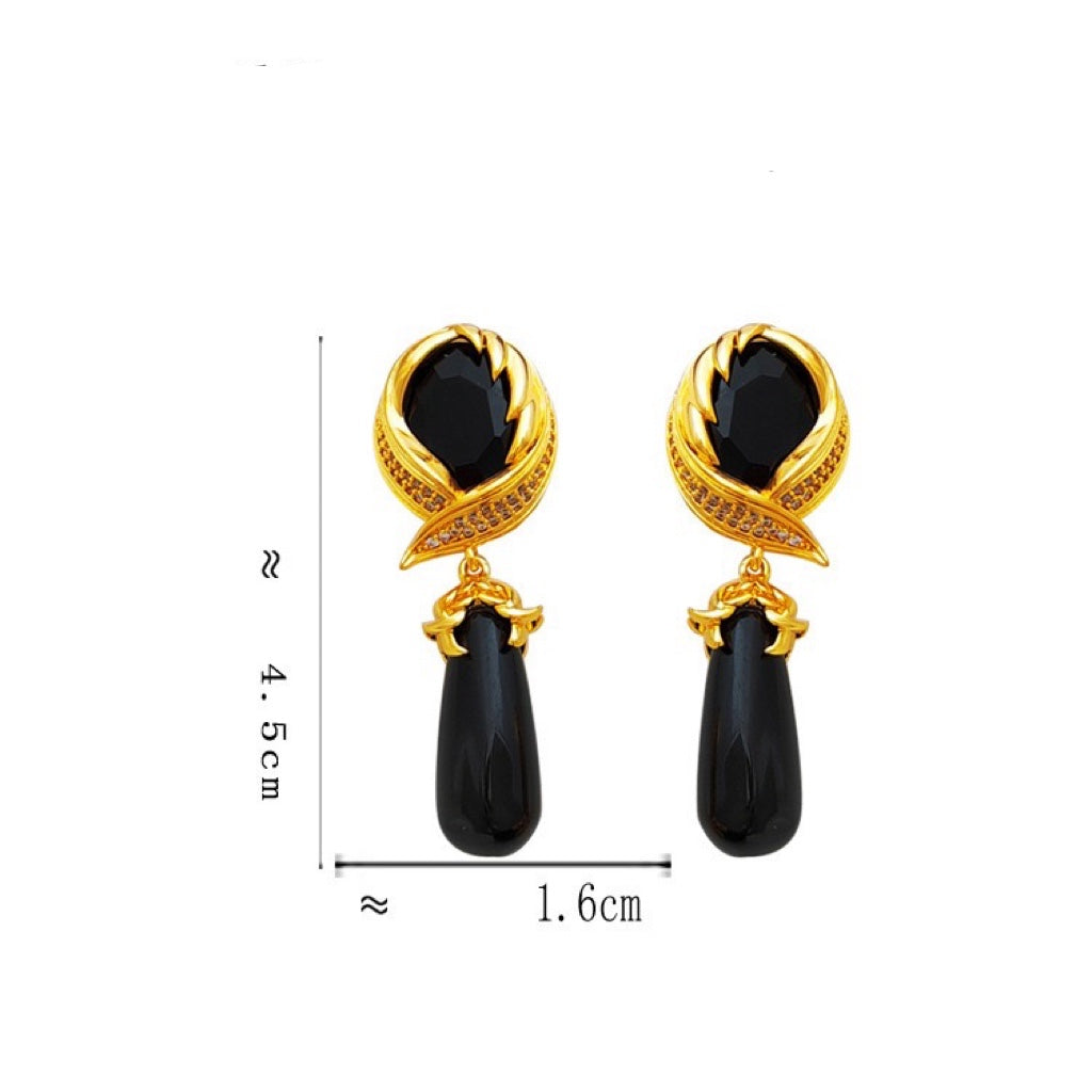 Vintage 925 Silver Needle Zircon Black Long Drop Earring