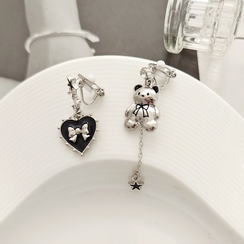 Cute Metal Bear & Heart Asymmetrical Earring