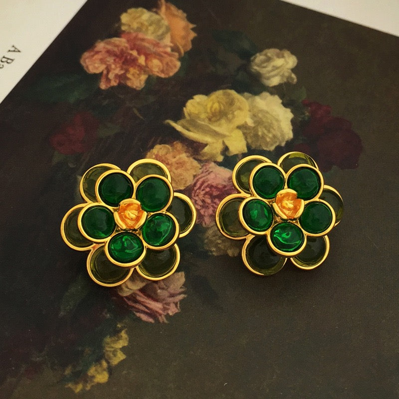 Vintage Real Gold Plated Green Flower New Pierced Earring