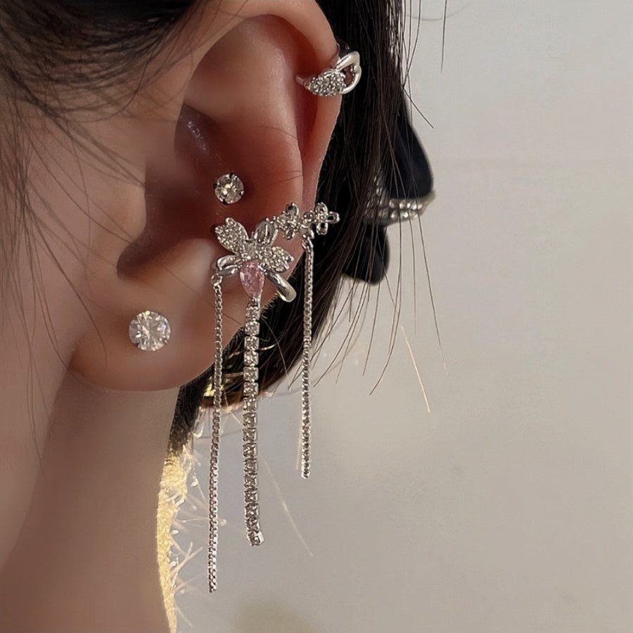 Pearl Flower Zircon Inlaid Tassel Ear Bone Clip Earring Set