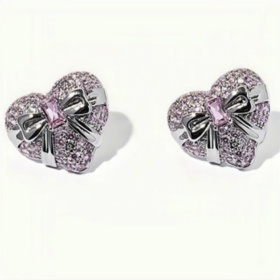 Heart Earrings with Pink Zircon & Bow Decor