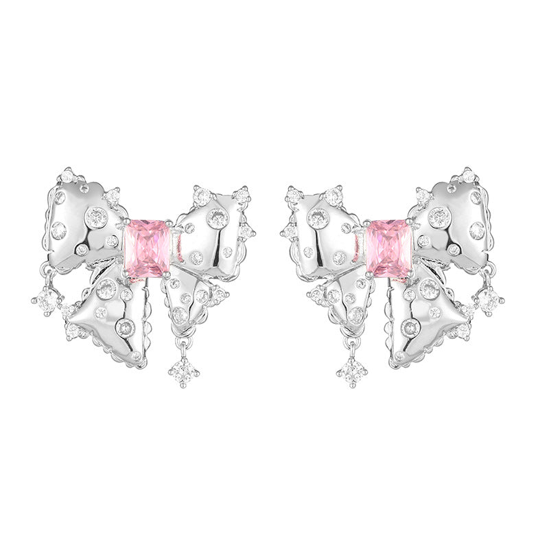 Pink Zircon Metal Bow Quality Stud Earrings
