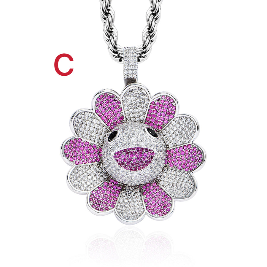 Zircon Inlaid Copper & Rotatable Colorful Sun Flower Pendant Necklace