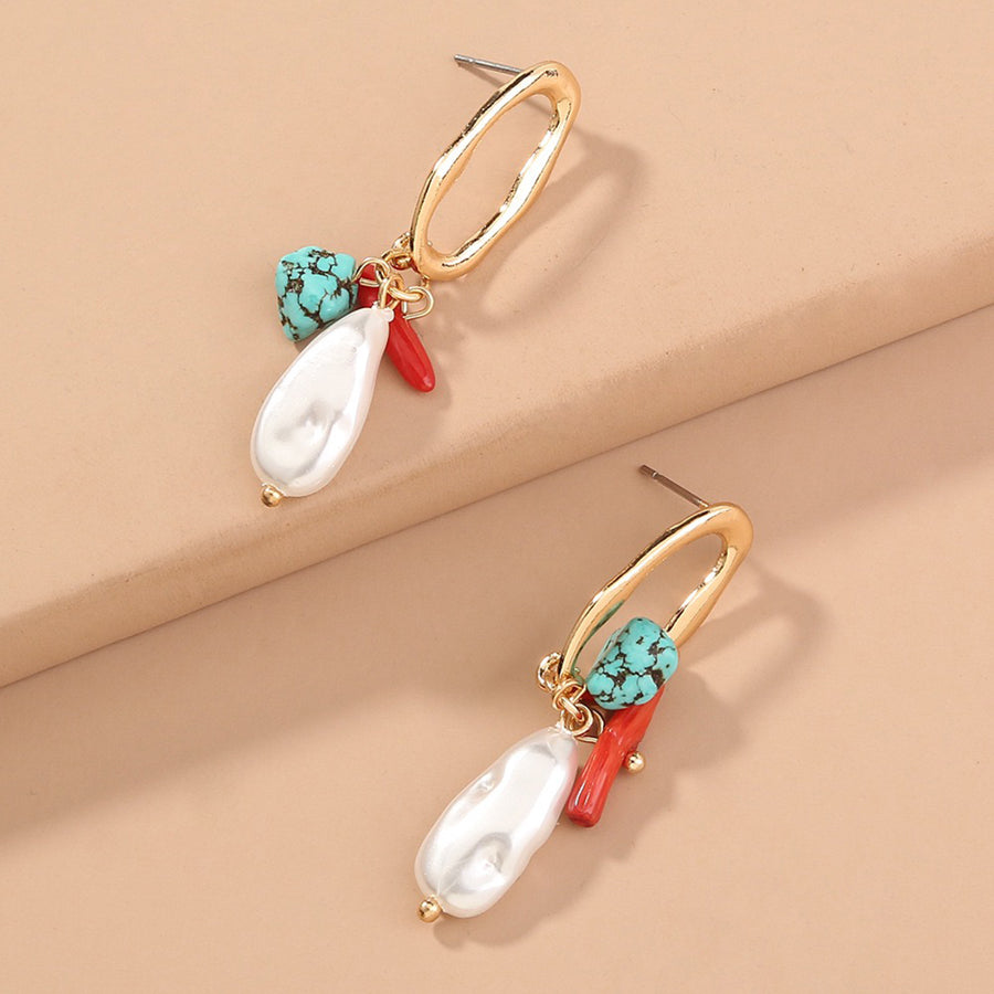 Natural Turquoise & Coral Stone Drop Earrings