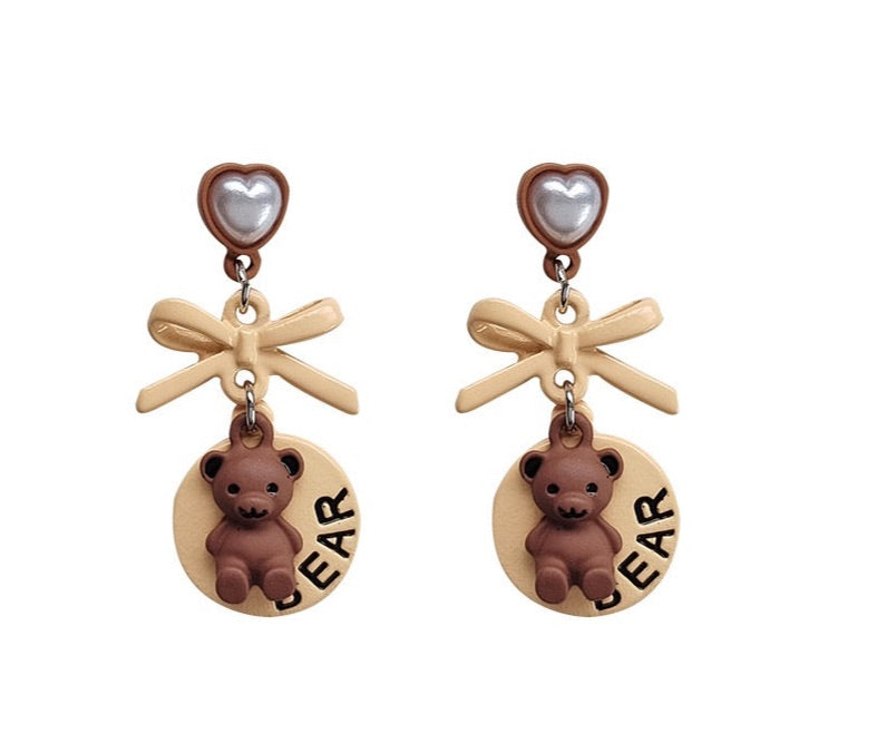 Cute Light Brown Heart Bear Bow Pierced｜Clip Earring