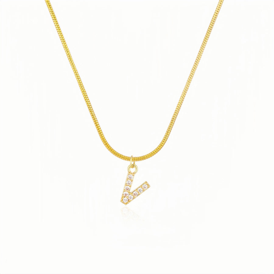 18K Gold Snake Herringbone Chain with A-Z Alphabet Letter Pendant Necklace