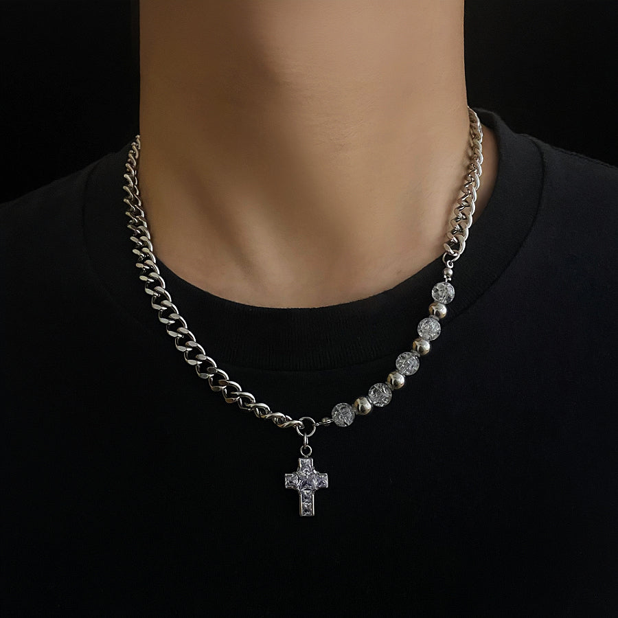 Titanium Steel Rhinestone Inlaid Cross Quban Chain Necklace for Men