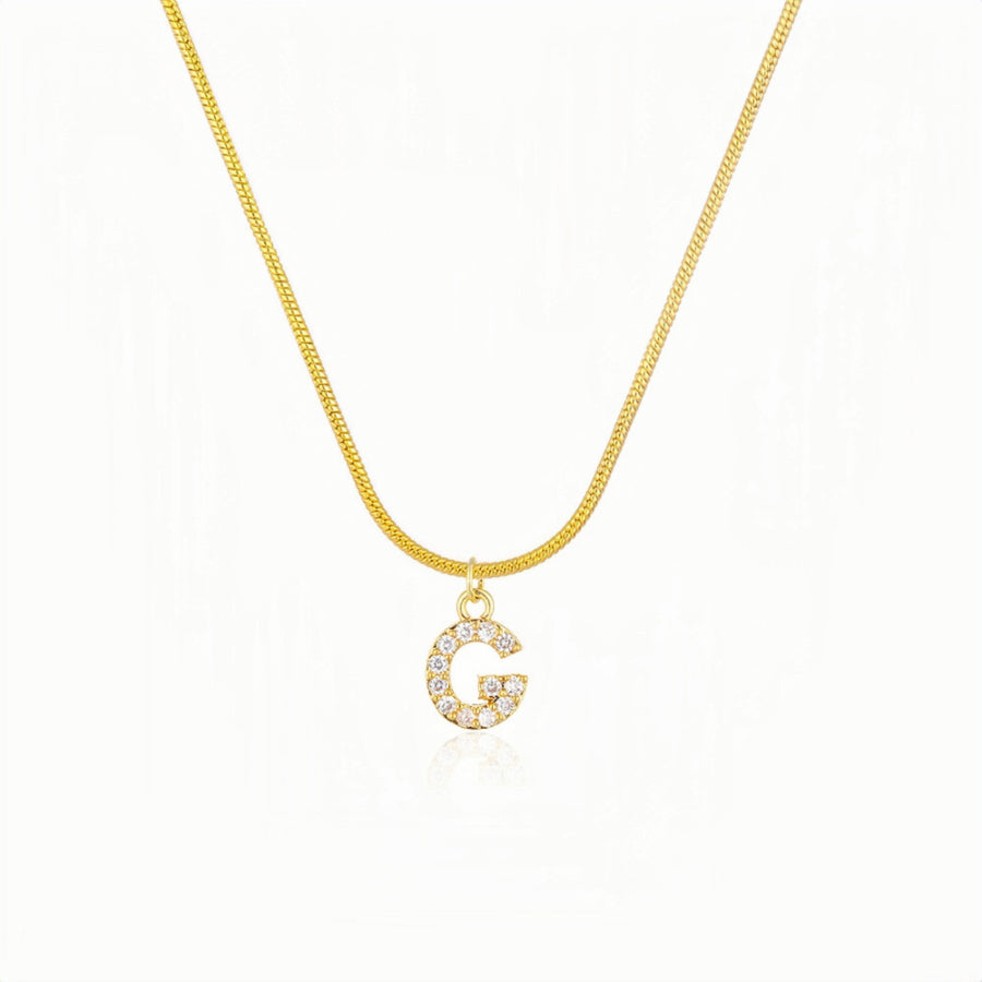 18K Gold Snake Herringbone Chain with A-Z Alphabet Letter Pendant Necklace