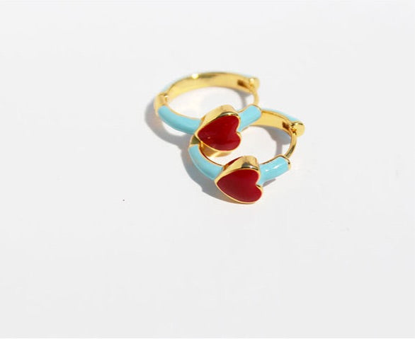 Blue Enamel & Red Heart Drip Enamel Contrast Earrings