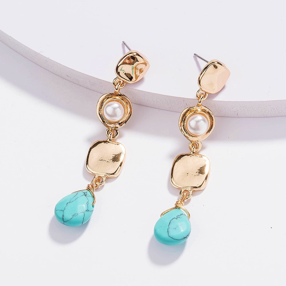 Block with Turquoise & Pearl Inlaid Long Drop Earrings