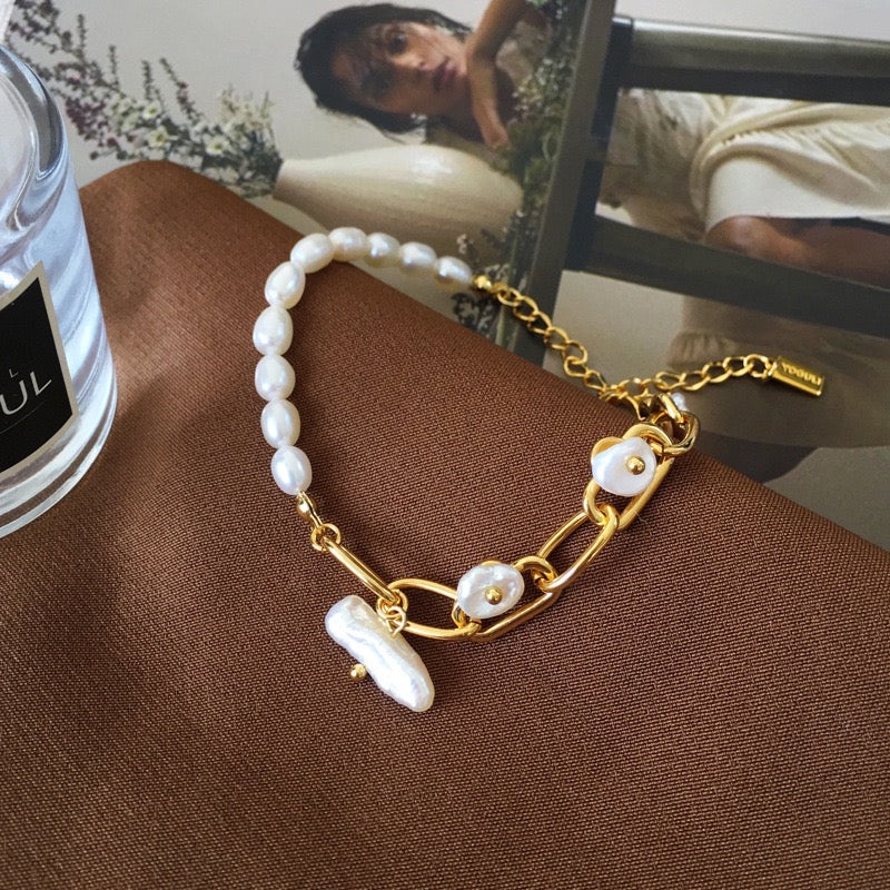 Real Gold Plated Irregular Freshwater Pearl Beaded Design Bracelet