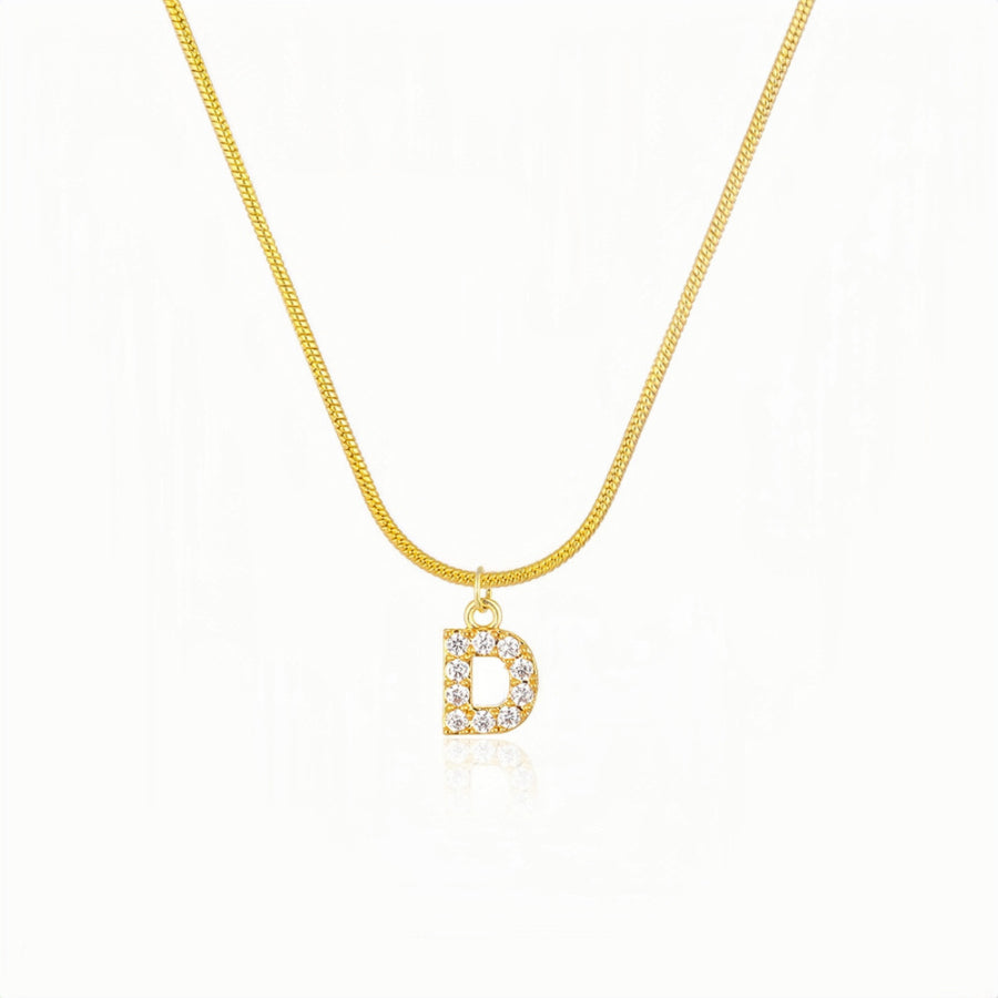 18K Gold Snake Herringbone Chain with A-Z Alphabet Letter Pendant Necklace