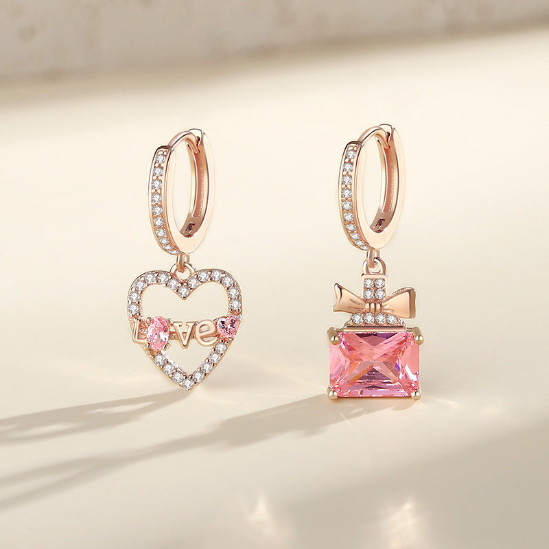 Pink Zircon Inlaid Bows & Love Heart Ring Asymmetric Earrings