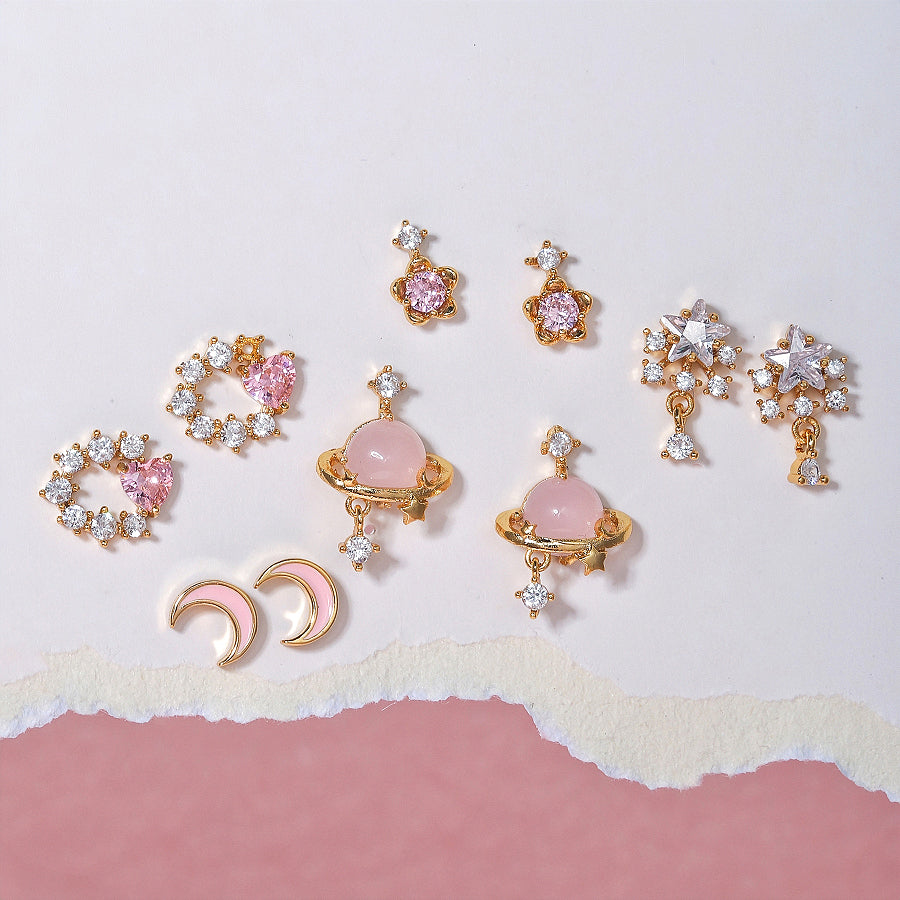 Pink Heart & Zircon Earrings