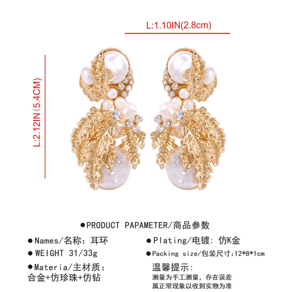 Metal Quality Leaf Imitation Pearl Diamond Piercing Earrings