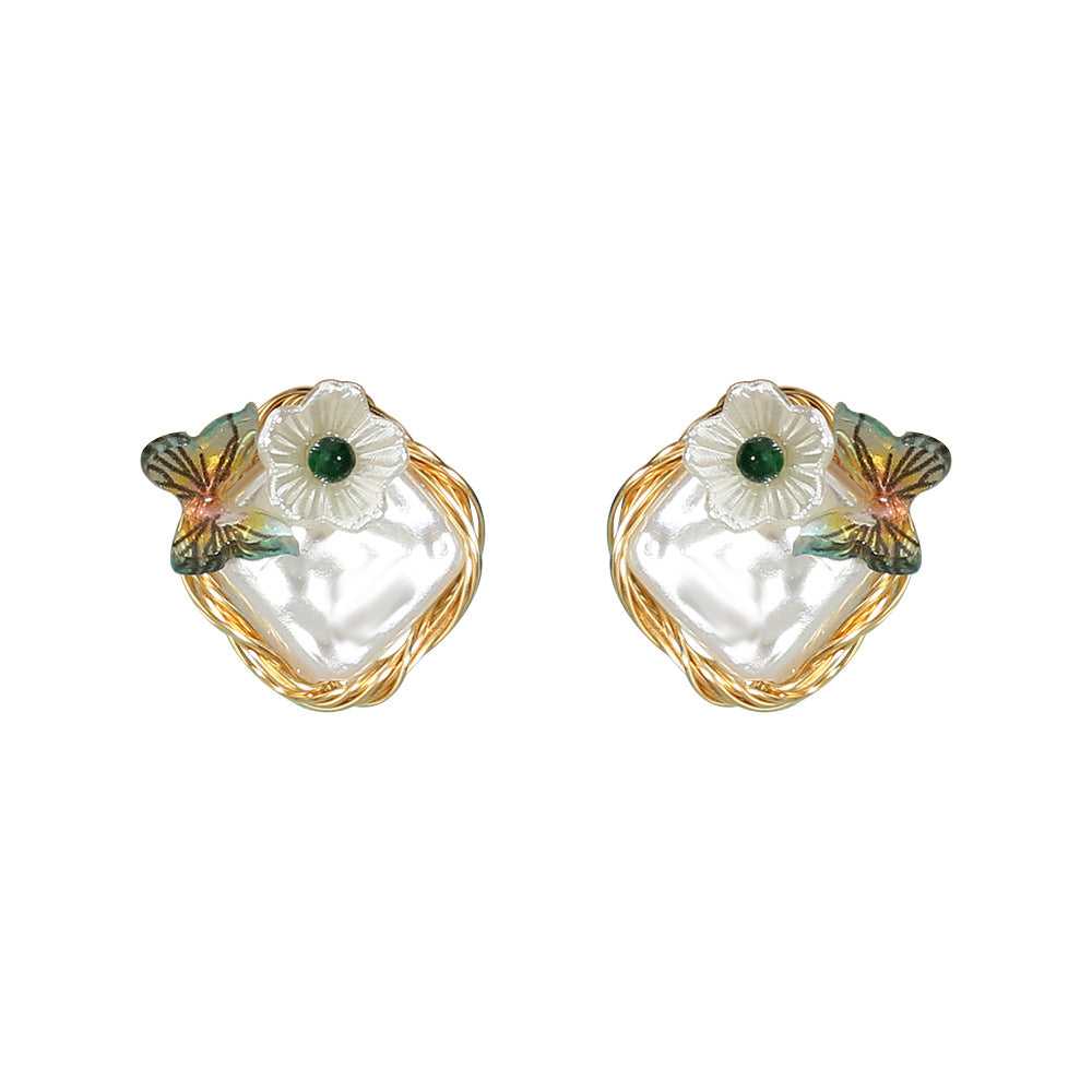 Flower & Butterfly Charm Design FAUX Pearl Stud Earrings